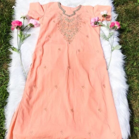 Embroidered Maxi Pink Tunic Long Light Boho Dress Thin Wedding Vintage Summer - Picture 1 of 9